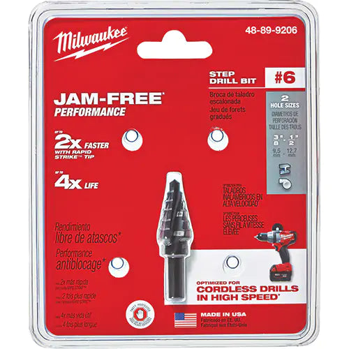 Foret étagé no 6, 3/8" - 1/2", Incréments de 1/16", Acier rapide